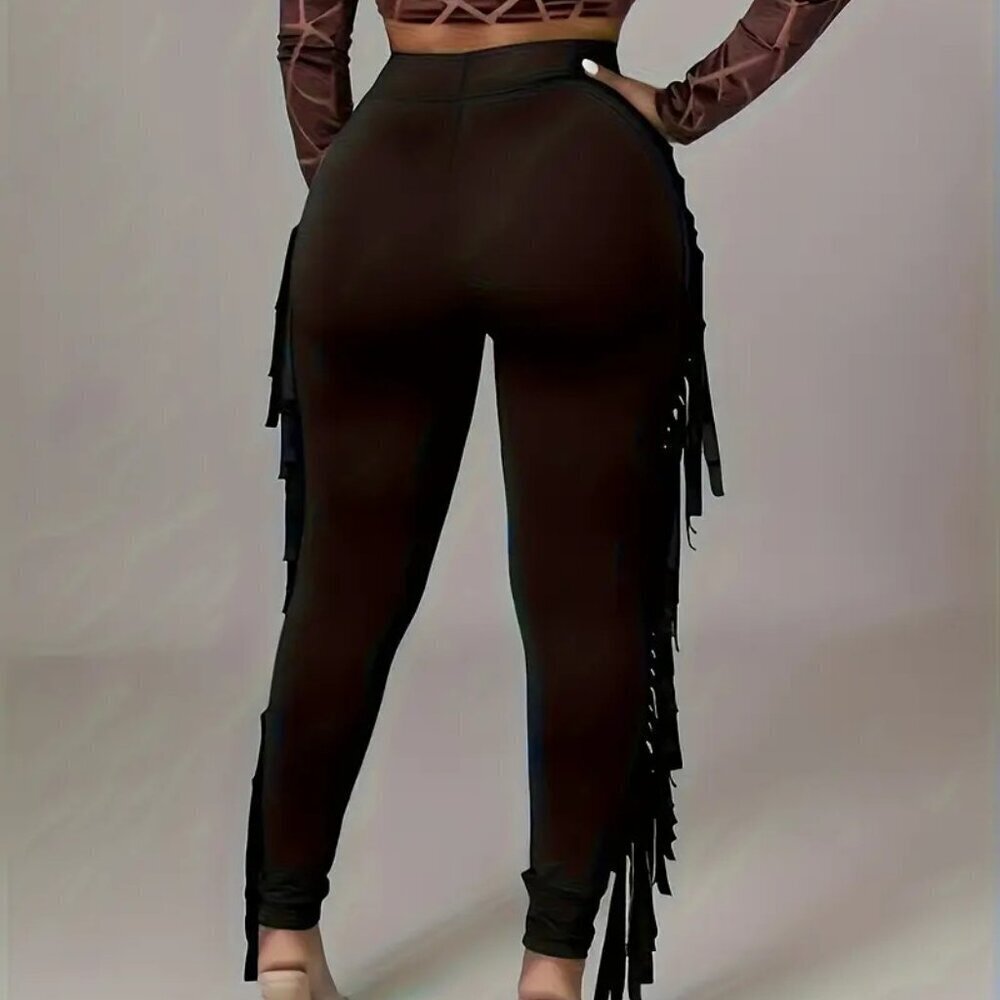 Black High-Waisted Slim-Fit Tassel Pants (Size: XXL) - Picture 3 of 5